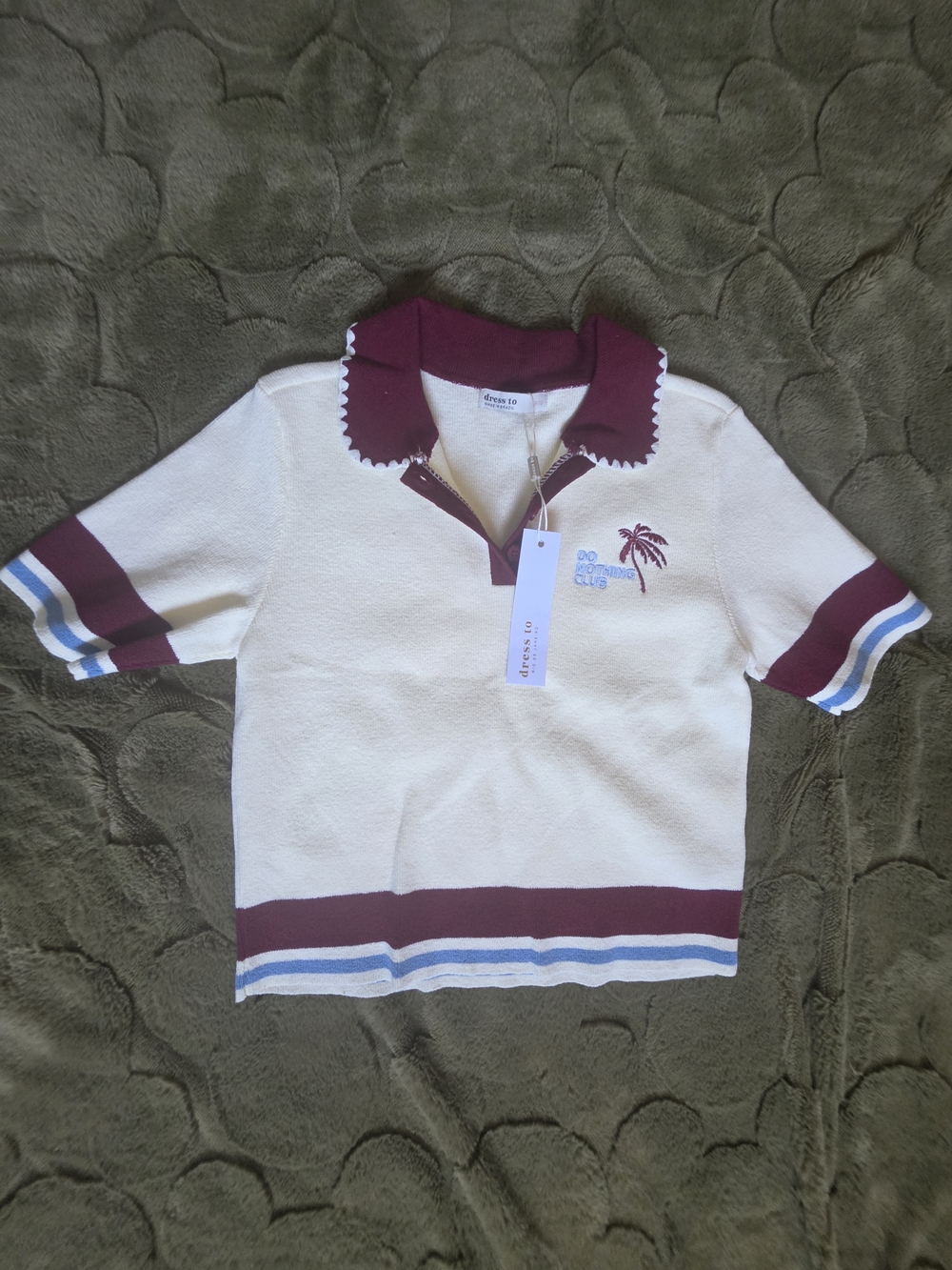 Cream Polo with Burgundy Trim and Palm Embroidery by dree m